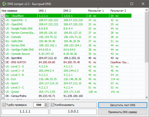 DNS Jumper – бесплатный переключатель адресов DNS